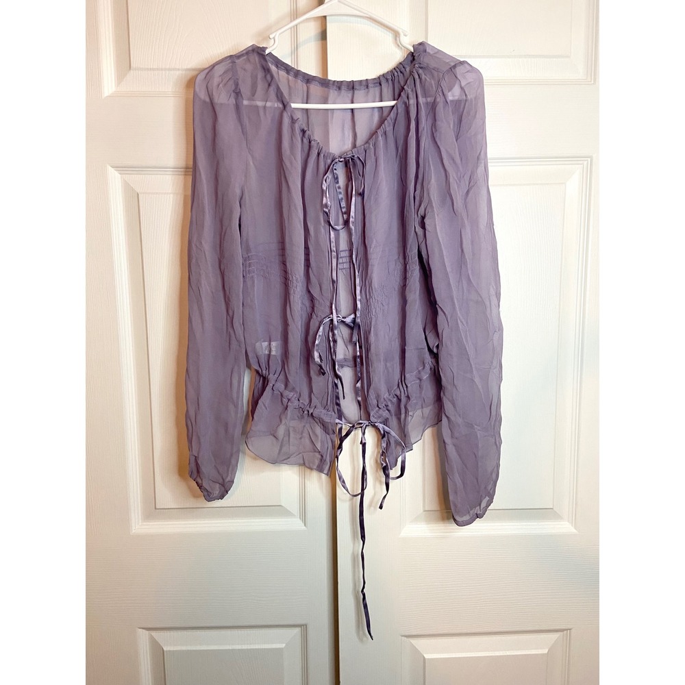 Lavender 100% Silk Chiffon Tie Front Smocked Peplum Blouse Sheer Purple Top